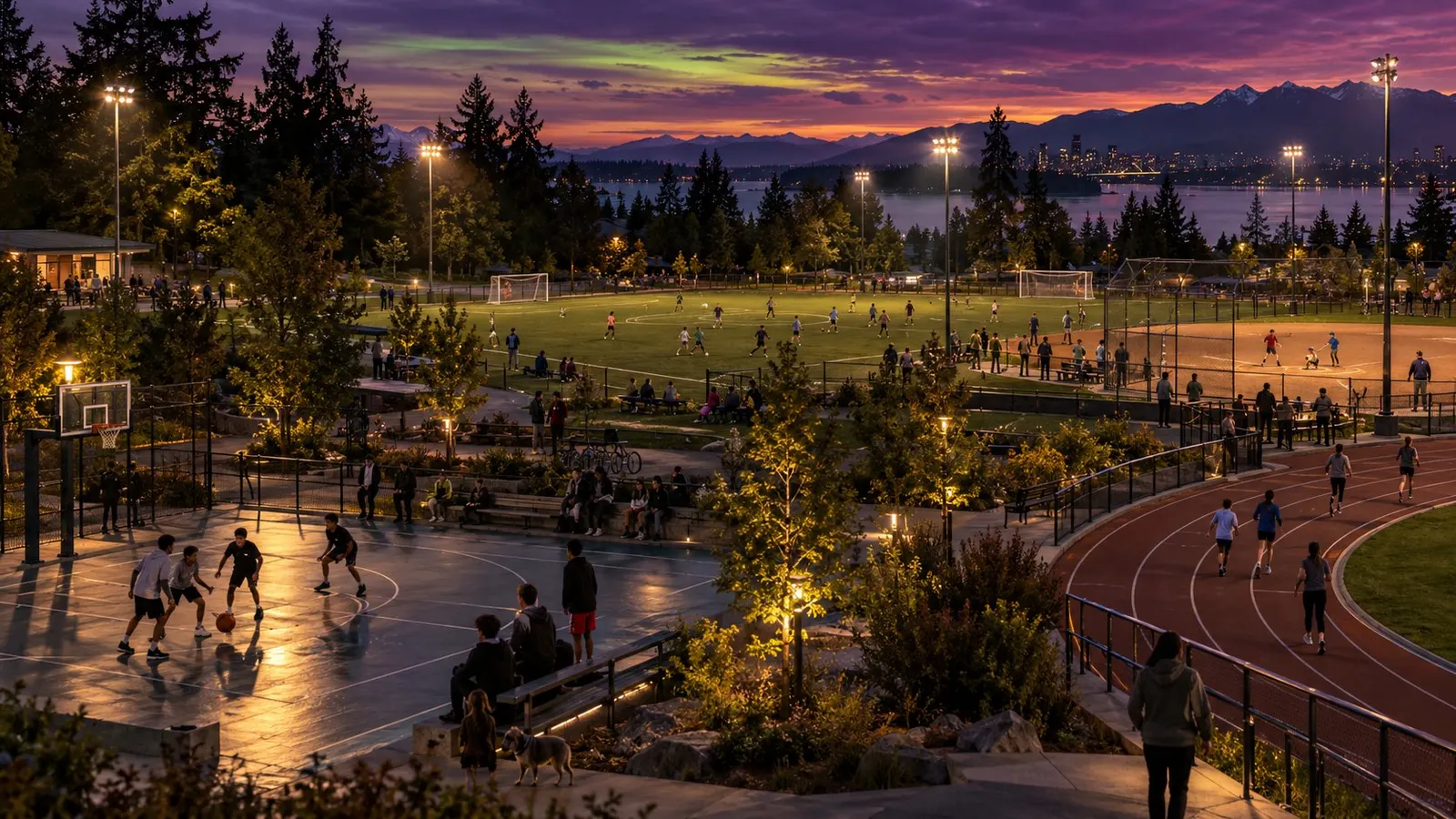 A community sports park at dusk with basketball courts, a soccer field and a running track