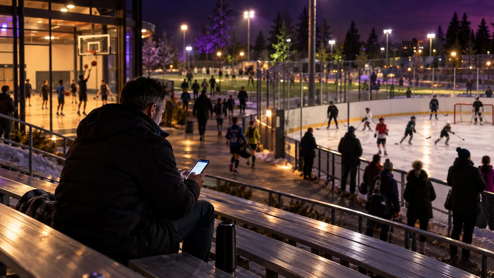 A parent on the bleachers checking a phone, with a hockey rink and basketball court behind