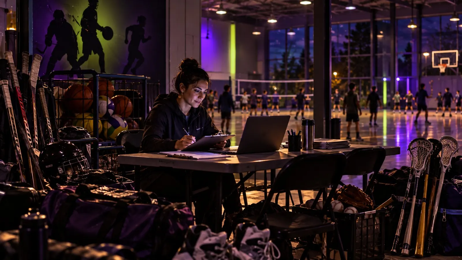 A club organiser with a laptop in a gym surrounded by mixed sports equipment