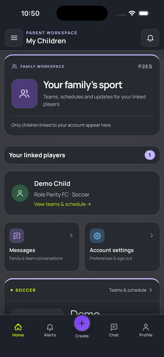 Parent dashboard in the Play 2 Earn Sports mobile app showing linked players