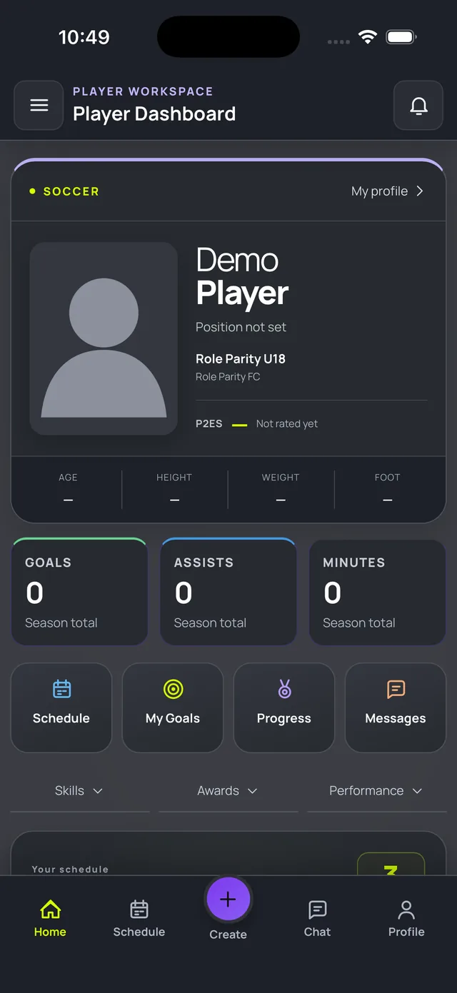 Player dashboard in the Play 2 Earn Sports mobile app: profile, season totals, schedule, goals and messages