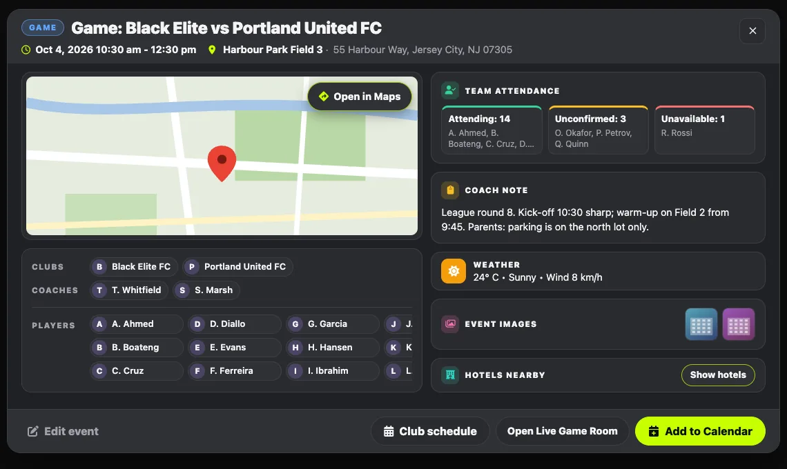 Club calendar event on Play 2 Earn Sports showing team attendance, coach note, weather and venue map