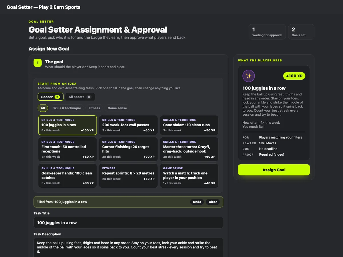 Goal Setter on Play 2 Earn Sports: assign a training goal with XP and a badge for the player