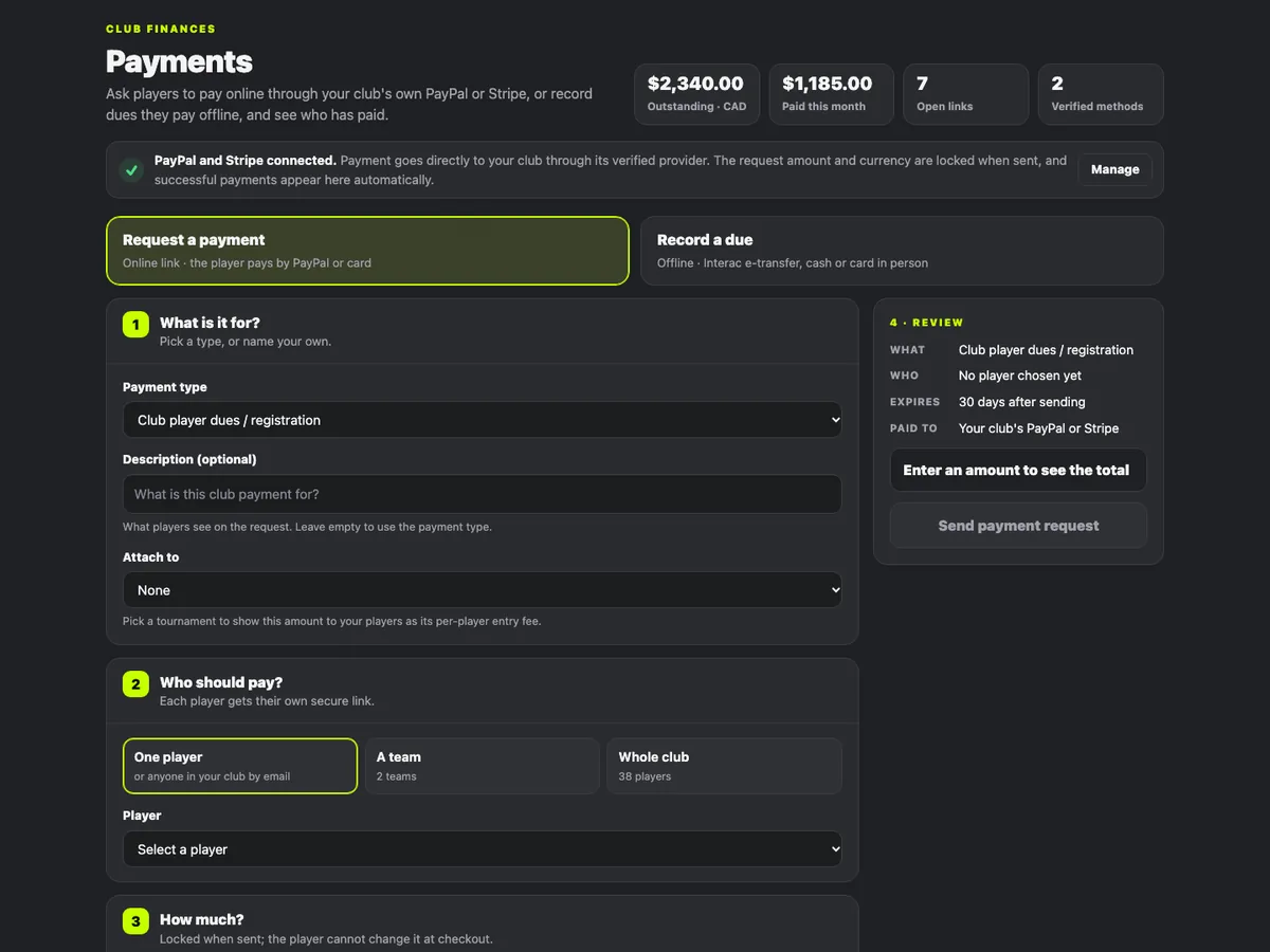 Payments page on Play 2 Earn Sports: request a payment, payment requests and player dues