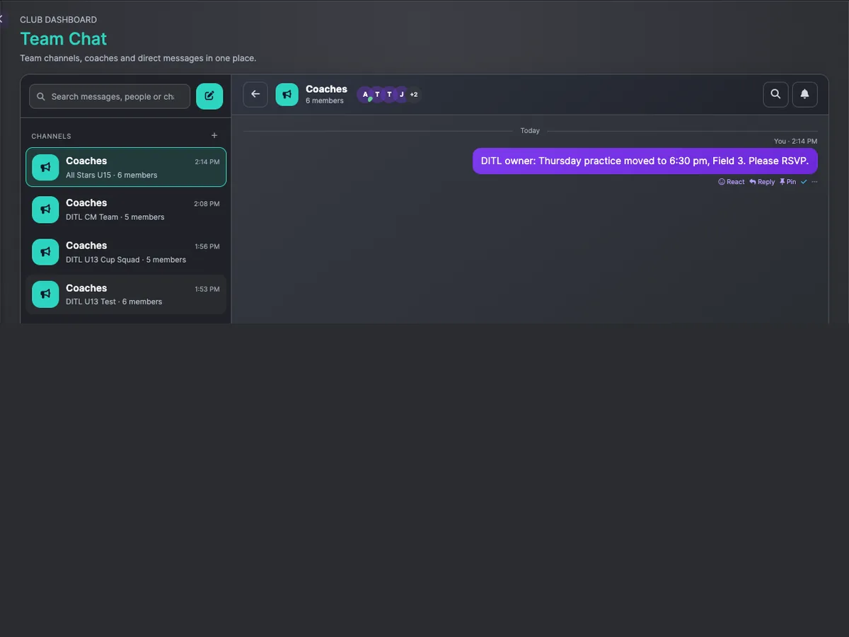 Team Chat on Play 2 Earn Sports with team channels, coach channels and direct messages