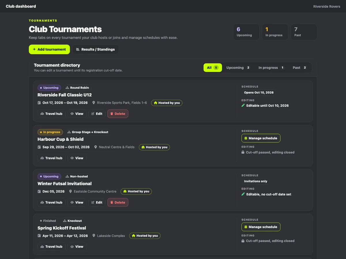 Club Tournaments page on Play 2 Earn Sports with upcoming, in-progress and past tournaments
