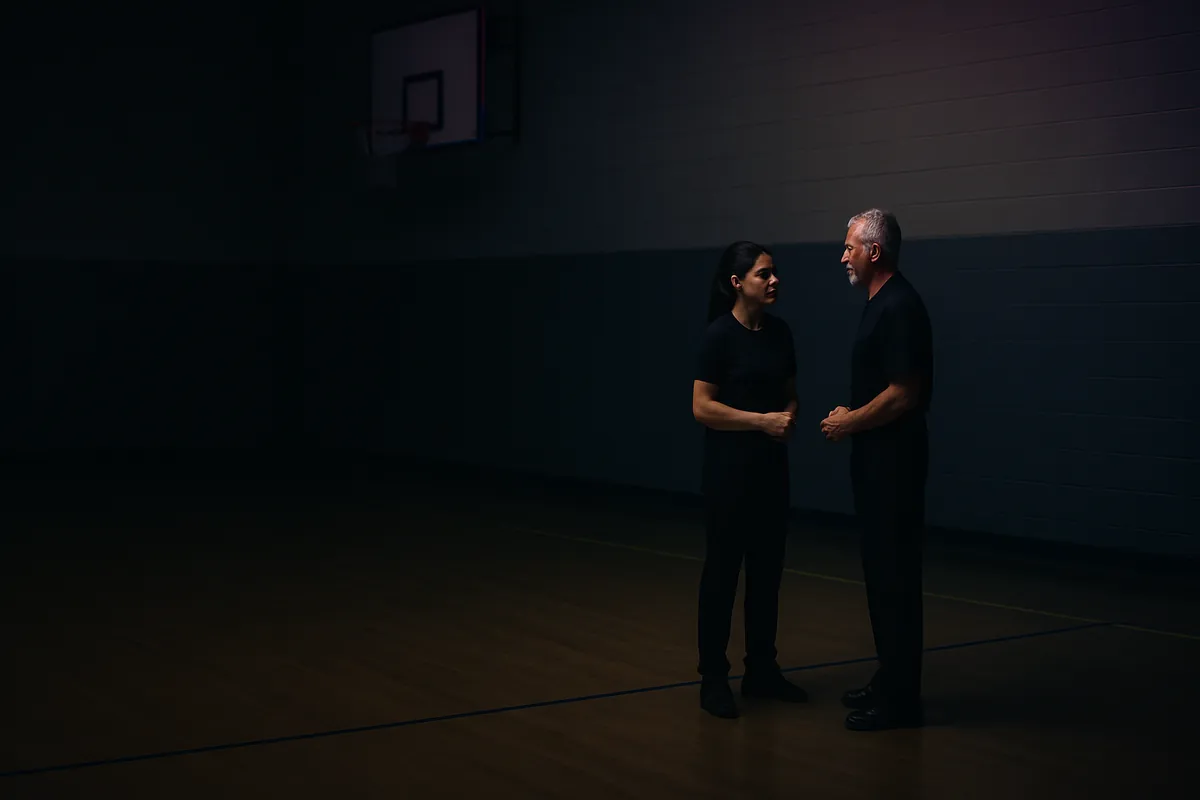 Two adult officials in plain black, a grey-haired man and a younger woman, talk on a dim basketball court.
