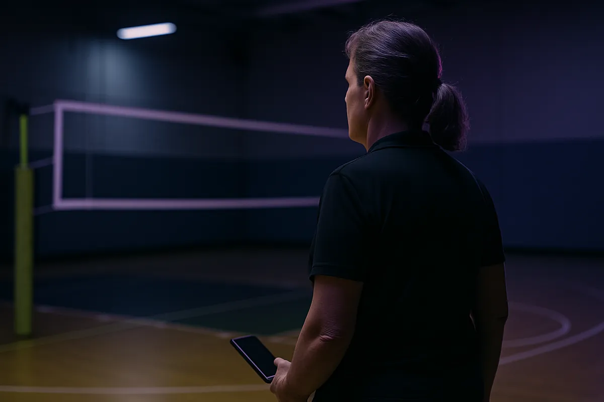 A woman official in a black polo, seen from behind, holds a phone beside a volleyball net in a dim gym.