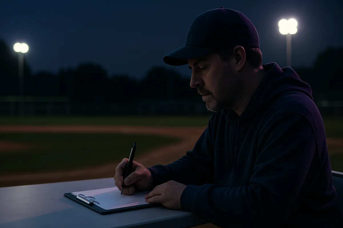 An adult in a cap and hoodie writes on a clipboard at a table beside a floodlit baseball diamond in the evening.