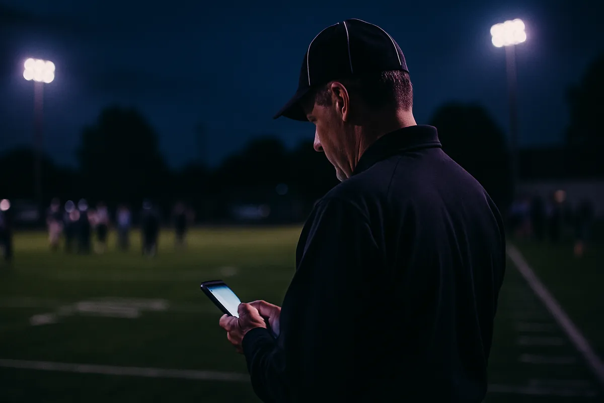 A referee in a black cap, seen from behind, reads his phone at the edge of a floodlit football field at dusk.