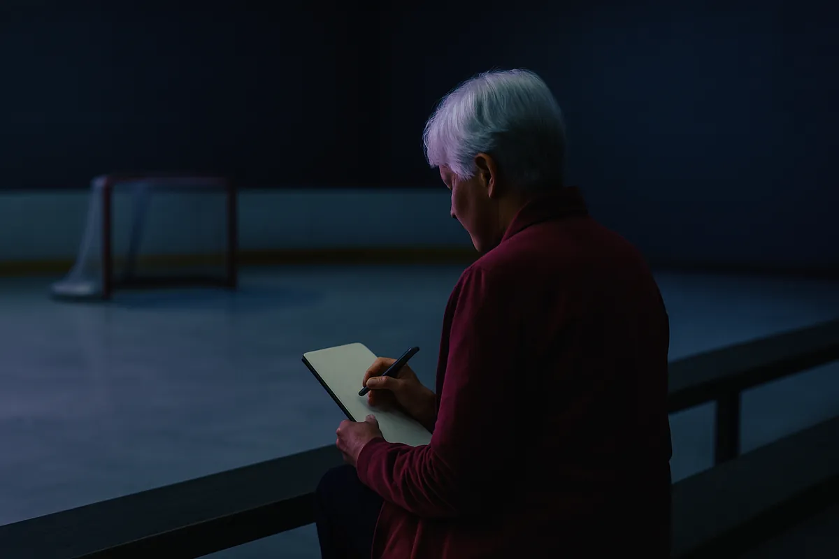 A grey-haired volunteer in a red jacket writes on a notepad at the boards of an empty ice rink.