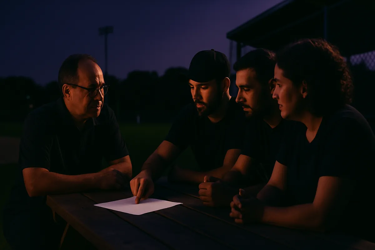 A club director in glasses and three coaches sit at a picnic table beside a baseball field at dusk while one coach points at a single sheet of paper.