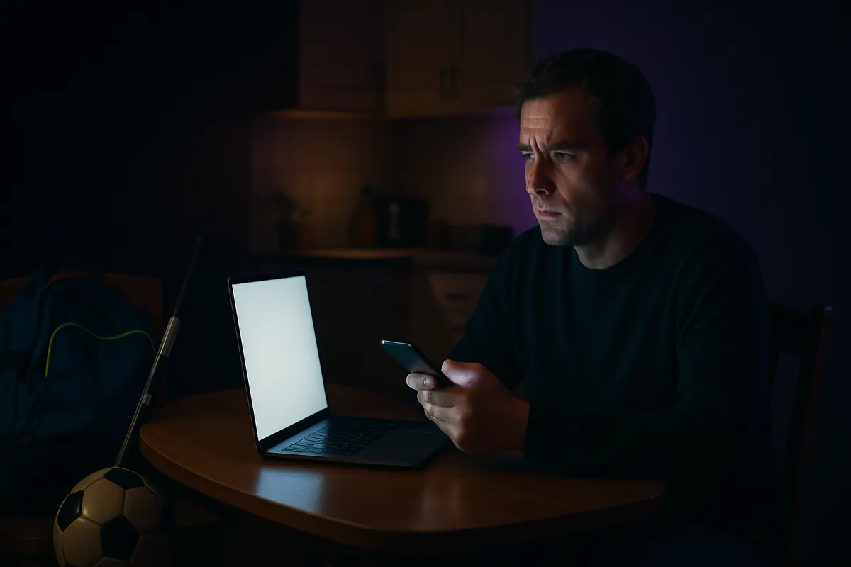 A parent sits at a kitchen table at night, frowning at a phone beside an open laptop, with a soccer ball, a hockey stick and a sports bag next to the table.