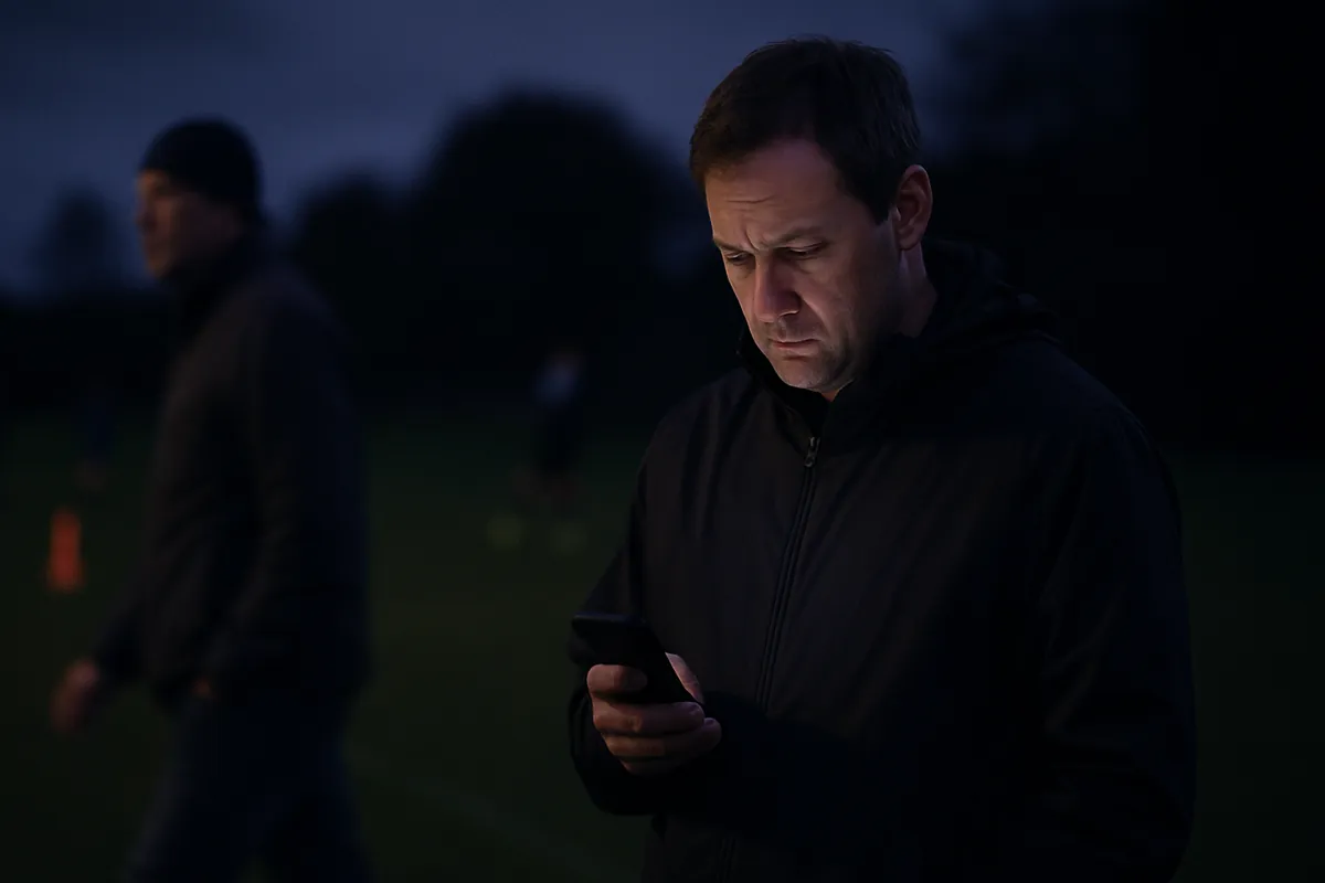A soccer coach in a dark jacket looks uncomfortably at a phone at the edge of a field at dusk, with another adult walking past in soft focus.
