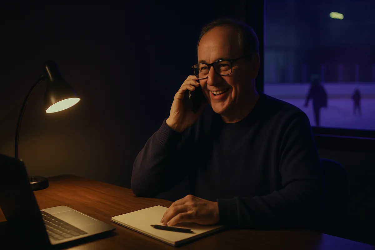 A smiling club treasurer in glasses talks on a phone at a desk lamp in a rink office, with a notepad and laptop on the desk and skaters blurred through the window.