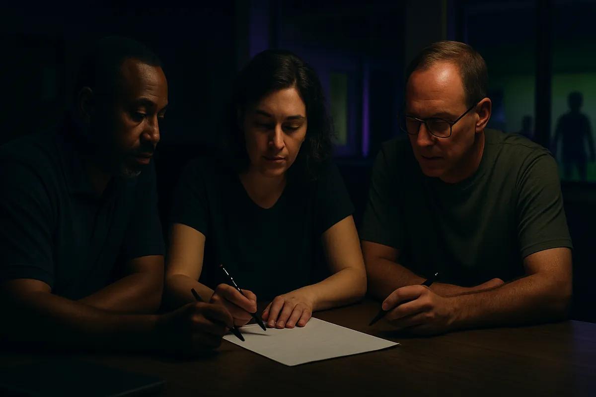 Three adult club volunteers sit at a table with pens, reviewing a blank document together in the evening.