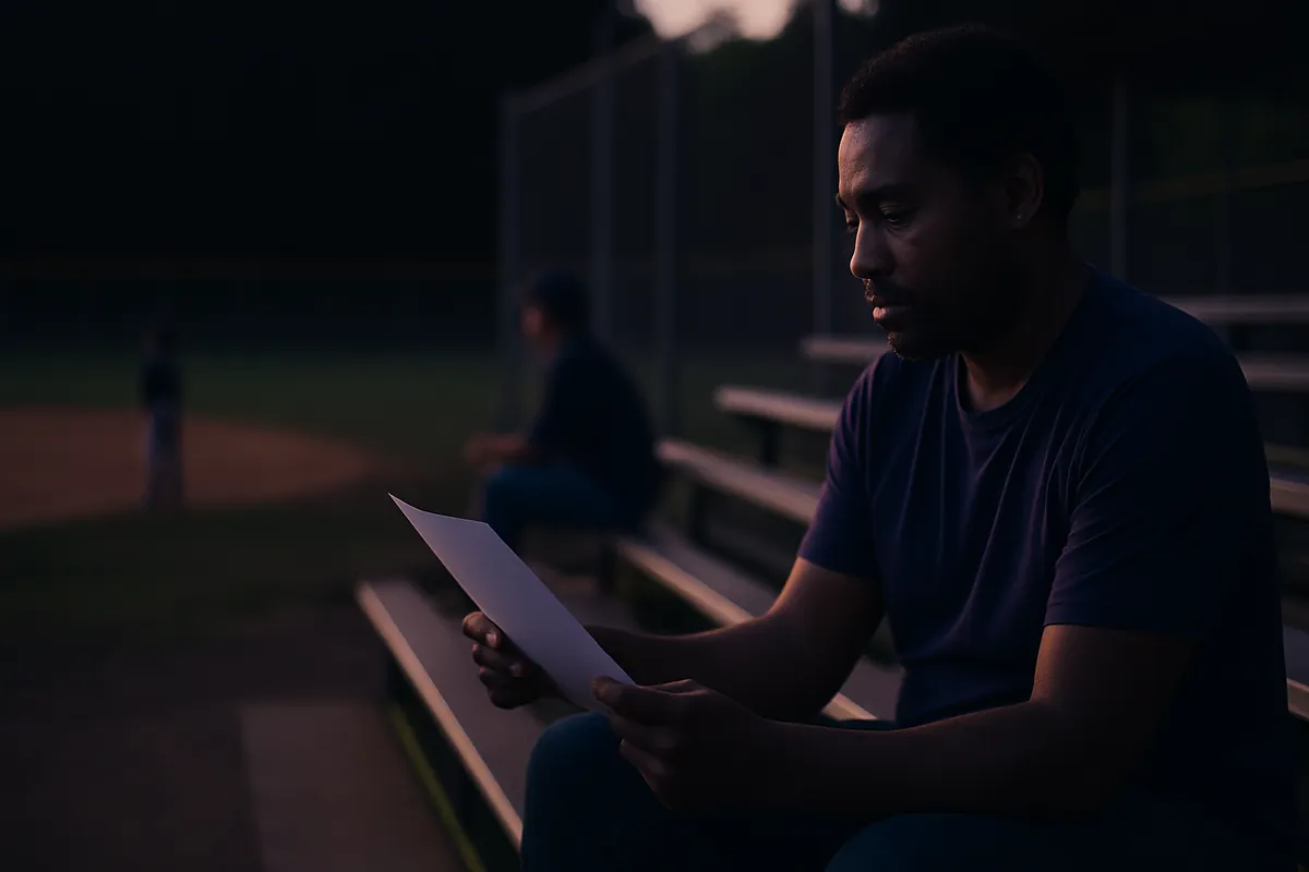 A parent sits on the bleachers beside a baseball field at dusk, reading a single sheet of paper.