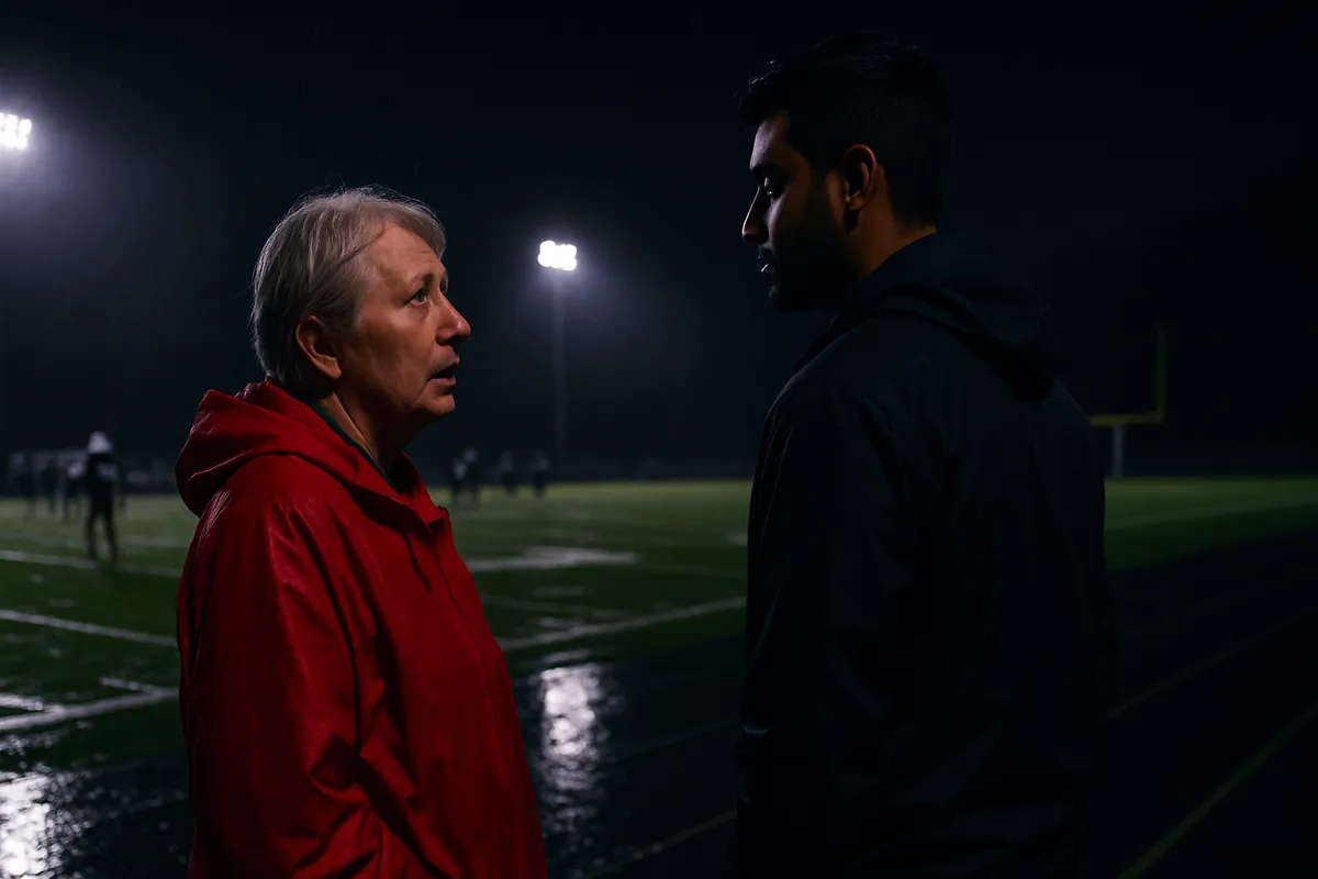 An older woman in a red rain jacket talks with a younger man beside a rain-soaked, floodlit football field at night.