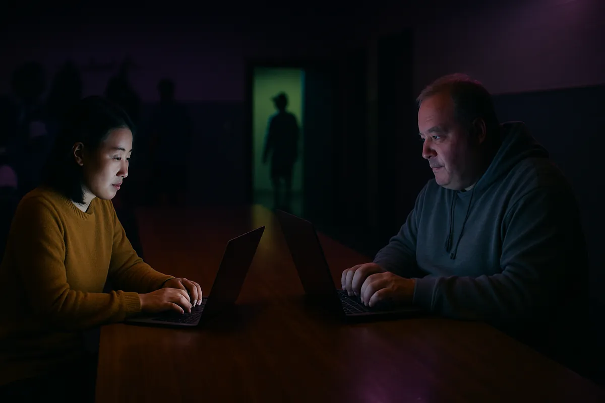 Two adult volunteers, a woman and a man, sit at opposite ends of a long table each working on a separate laptop in a dim clubhouse room.
