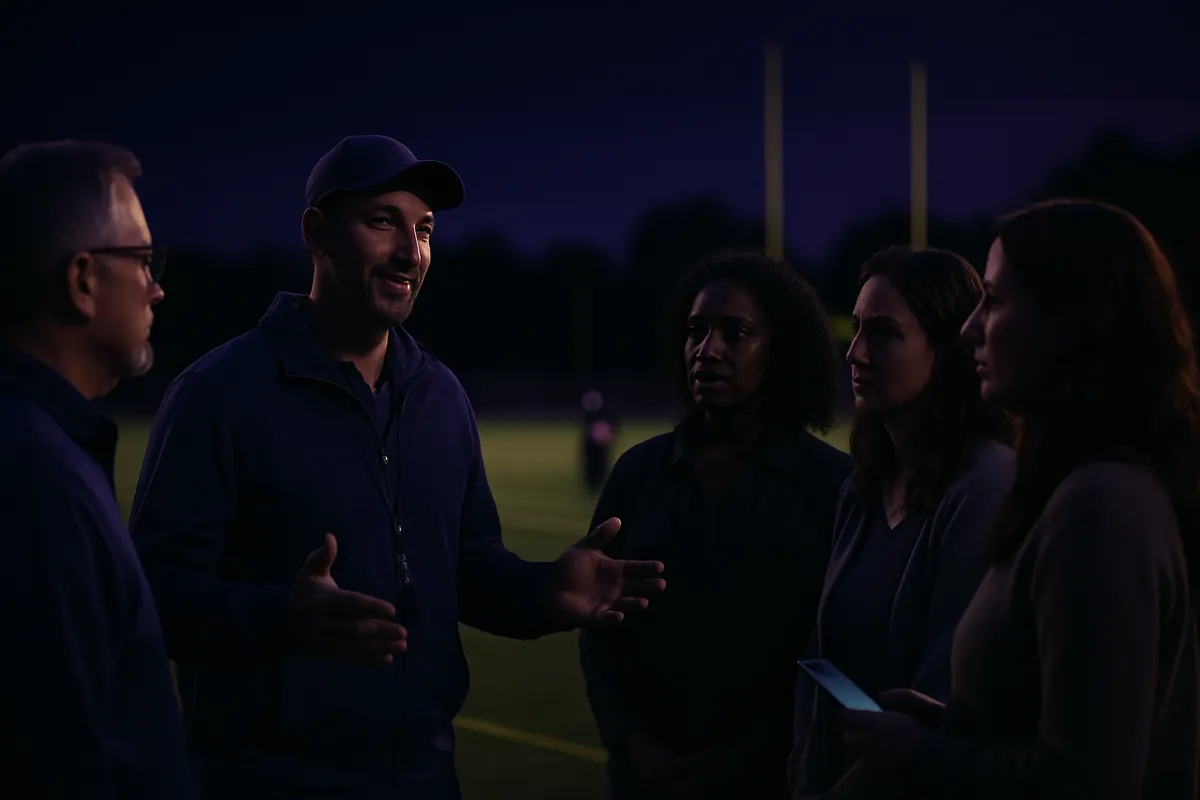A club leader in a cap talks with a small group of adult parents beside an American football field at dusk.