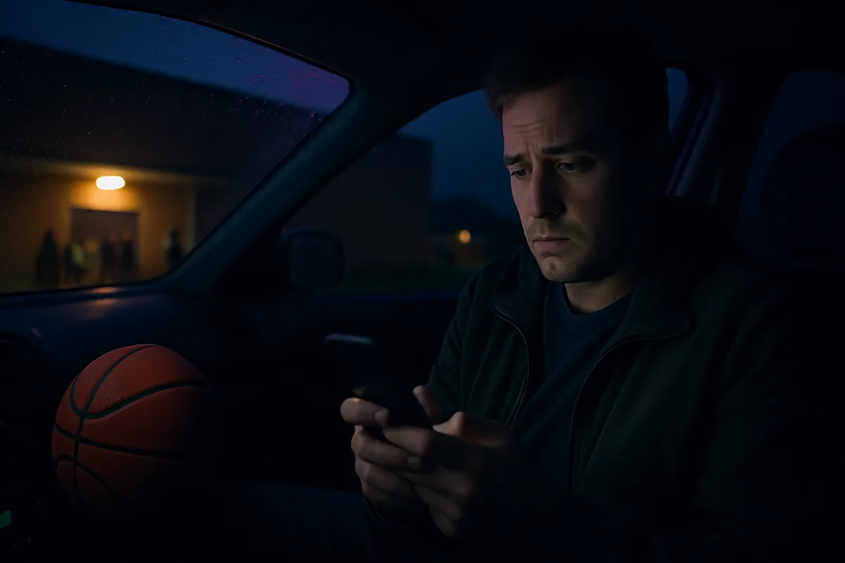 A parent sits in a car outside a school gym at dusk typing on a phone, with a basketball on the passenger seat and rain on the window.