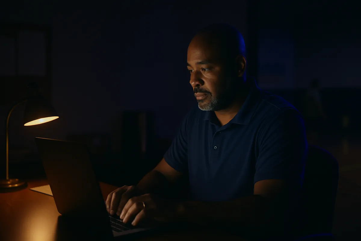 A club director in a polo shirt types on a laptop under a desk lamp in a dark office in the evening.