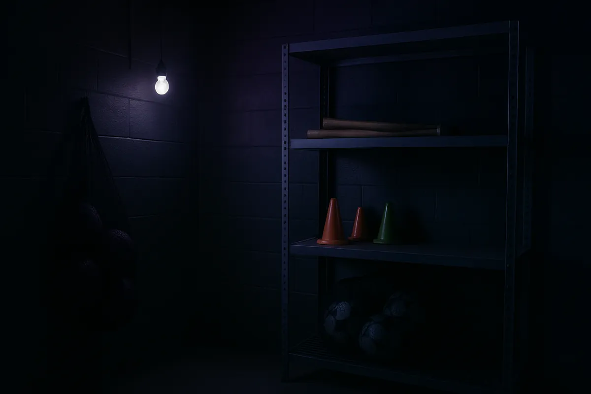 A half-empty equipment room lit by a single bulb, with a few cones, two bats and some balls on a metal shelf.