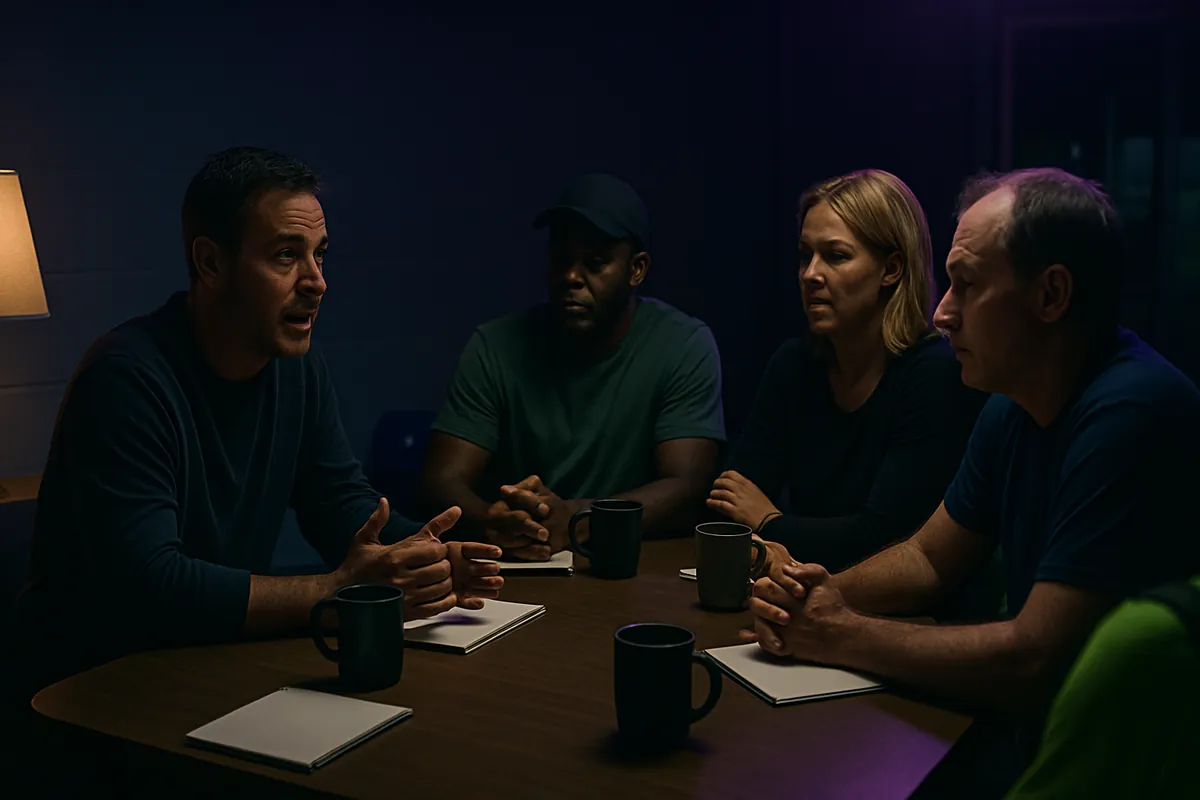Four adult club volunteers talk around a table with notepads and mugs in a dim meeting room.
