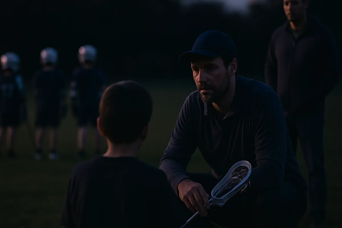 A lacrosse coach in a cap crouches to talk with a young player, seen from behind, on an evening field while another adult stands nearby.