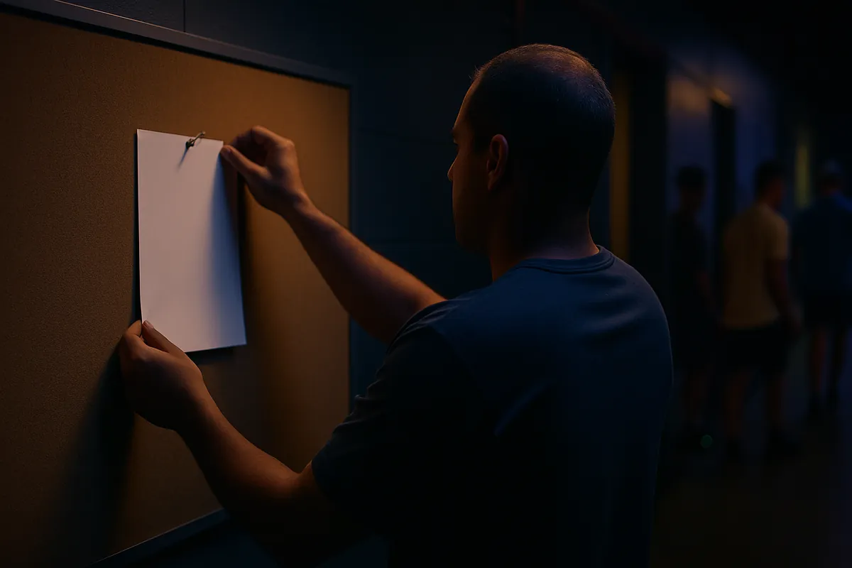 An adult pins a blank sheet of paper to a cork notice board in a dim clubhouse hallway while people stand further down the corridor.