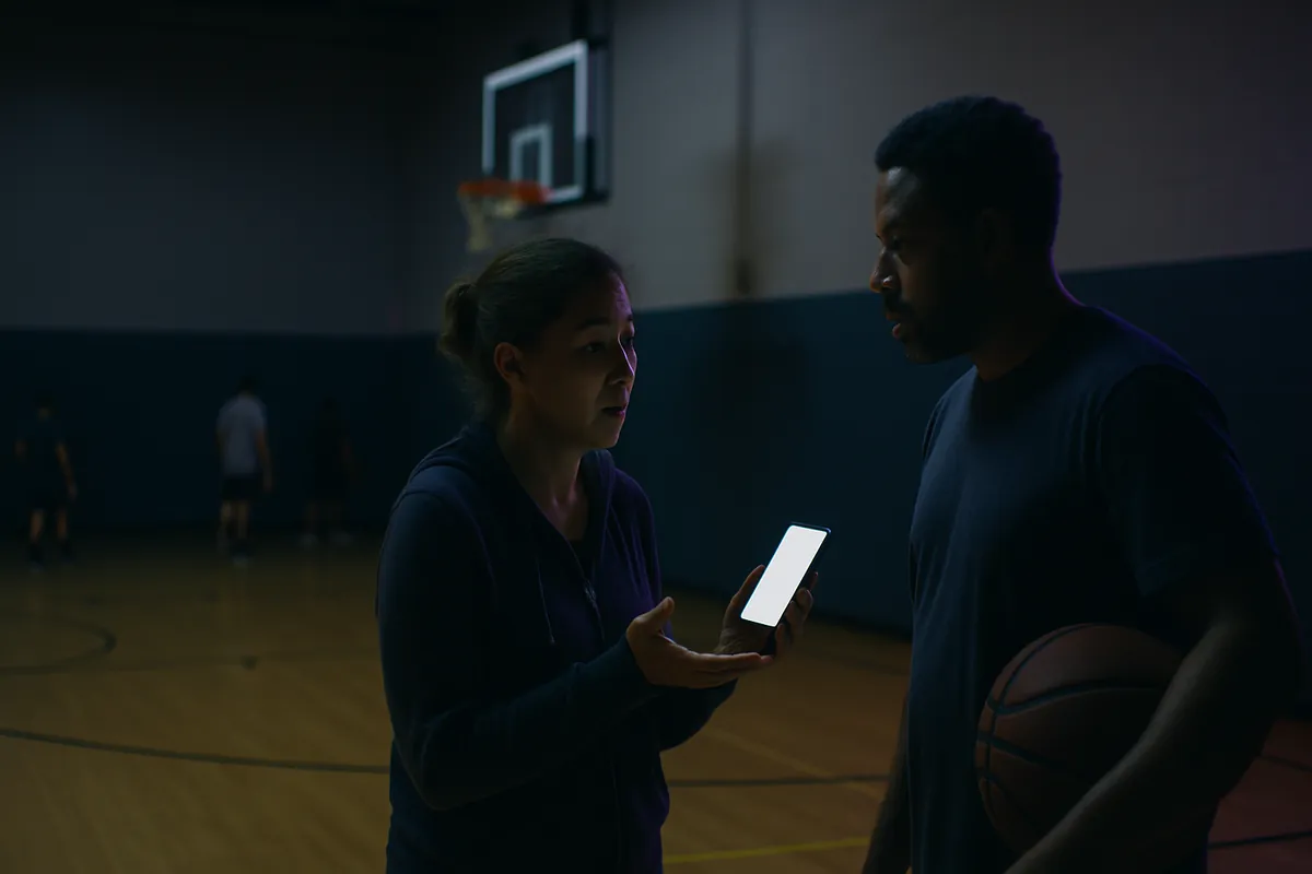 Two adults talk at the edge of an indoor basketball court in the evening; one holds out a phone, the other holds a basketball, with players blurred in the background.