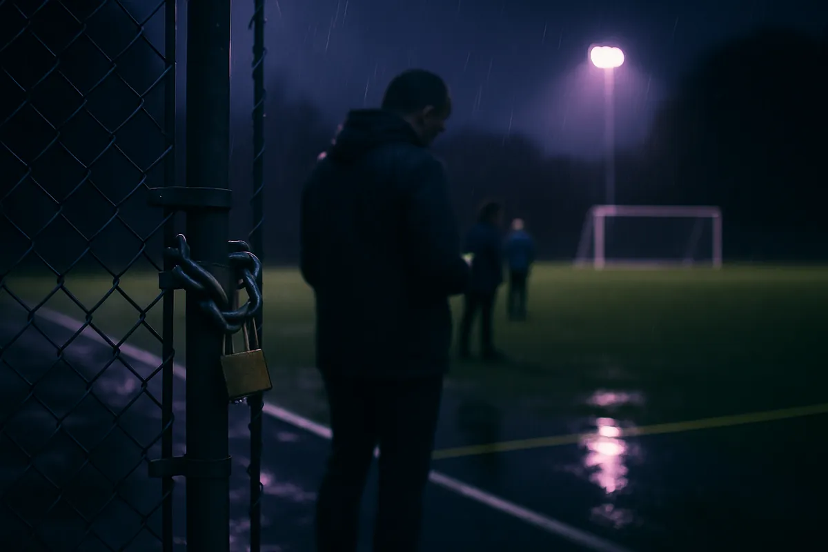 A chained and padlocked gate in the foreground of a floodlit soccer field in heavy rain, with an adult looking at a phone and two people standing on the wet field.