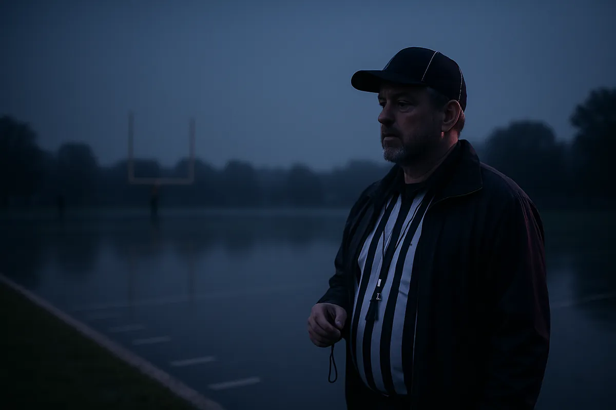 A referee in a striped shirt and cap stands alone beside a flooded American football field at dawn, holding a whistle.