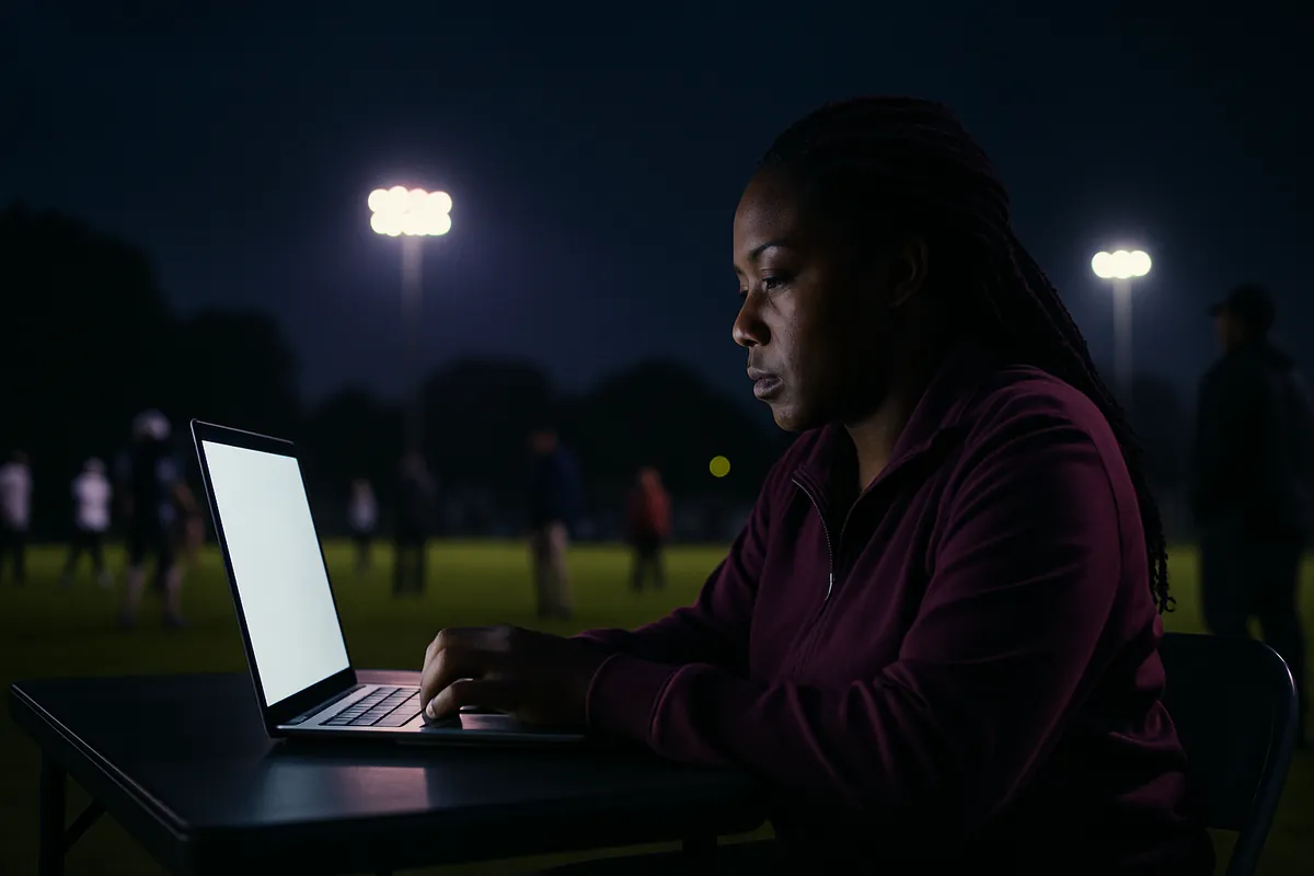A woman in a maroon jacket types on a laptop at a folding table beside a floodlit sports field at night, with blurred figures on the grass behind her.