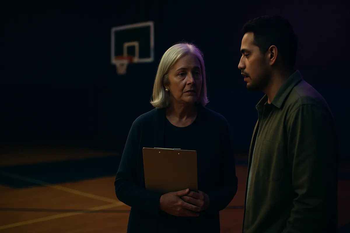 An older woman holding a clipboard listens to a younger man in a green shirt as they talk on a dim basketball court.