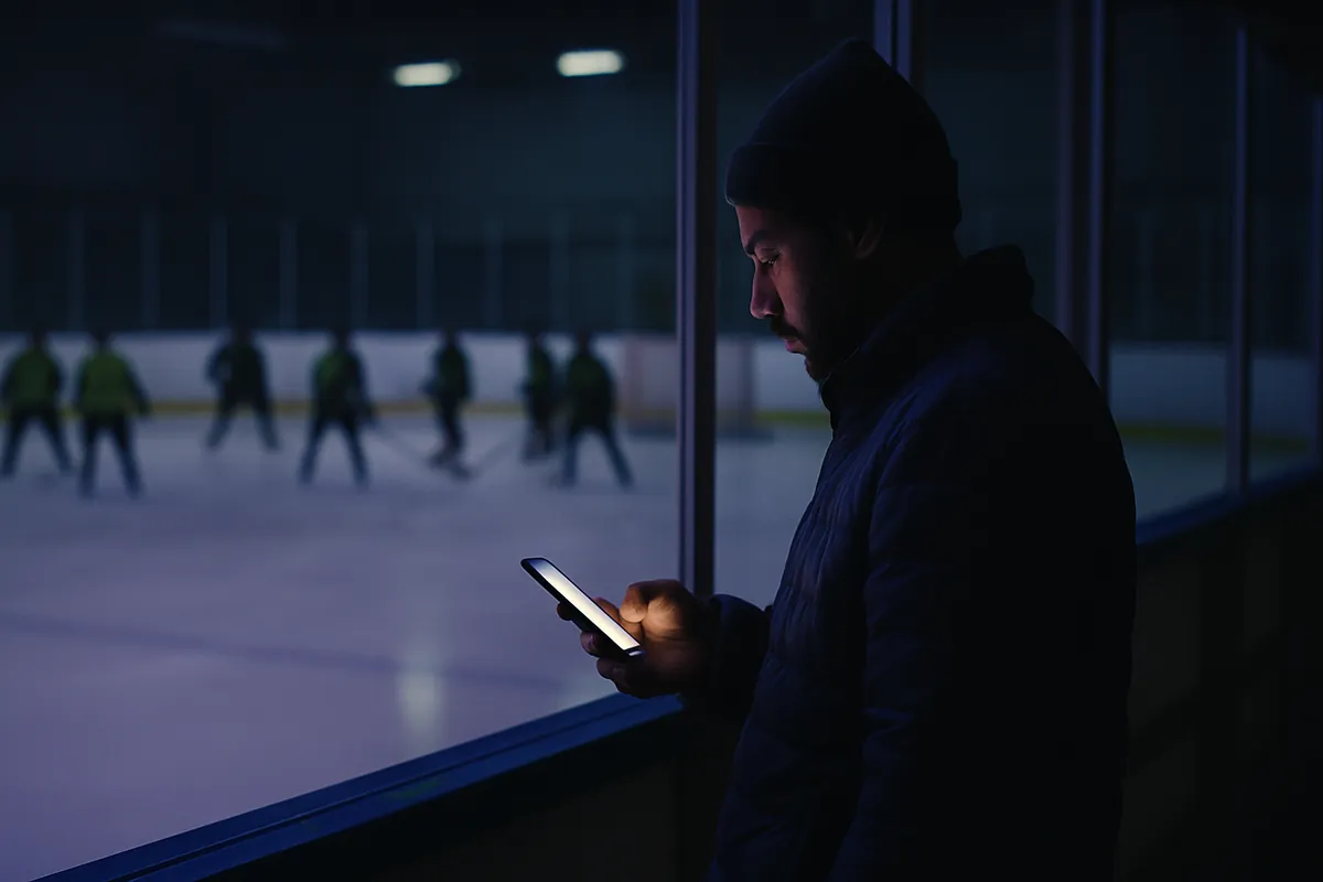 An adult in a beanie reads a message on his phone beside the glass of an ice rink while a hockey team practises behind him.