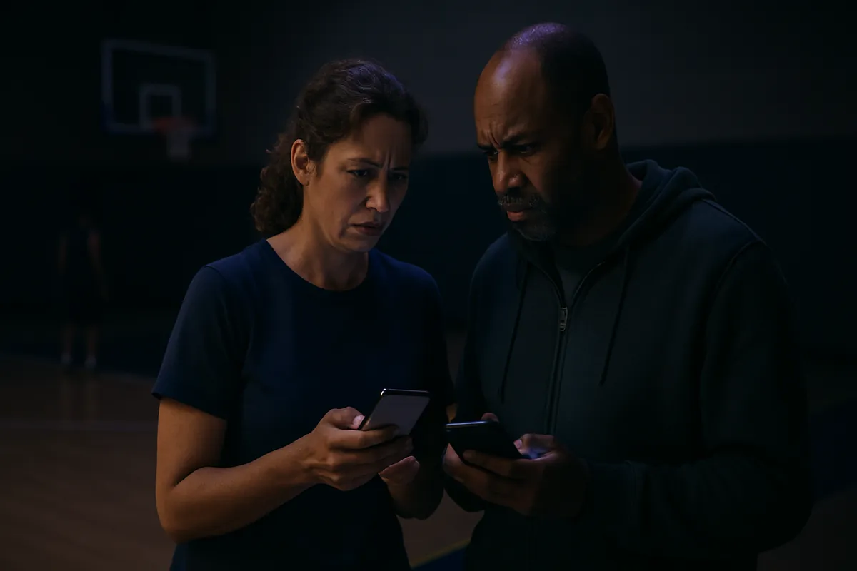 Two adults in a dim basketball gym frown as they compare the schedules on their two phones.
