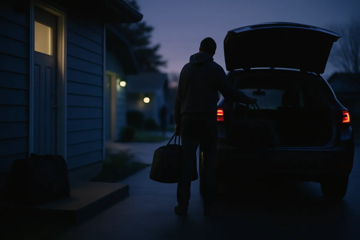 An adult seen from behind carries a sports bag to the open trunk of a car in a driveway at dawn, ready for a trip.
