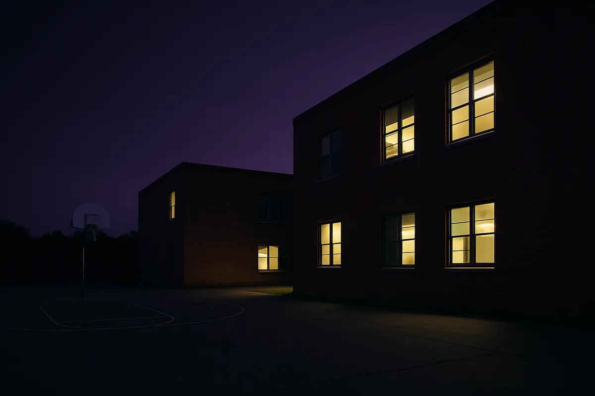 Two brick school buildings with lit windows beside an empty outdoor basketball court at dusk.