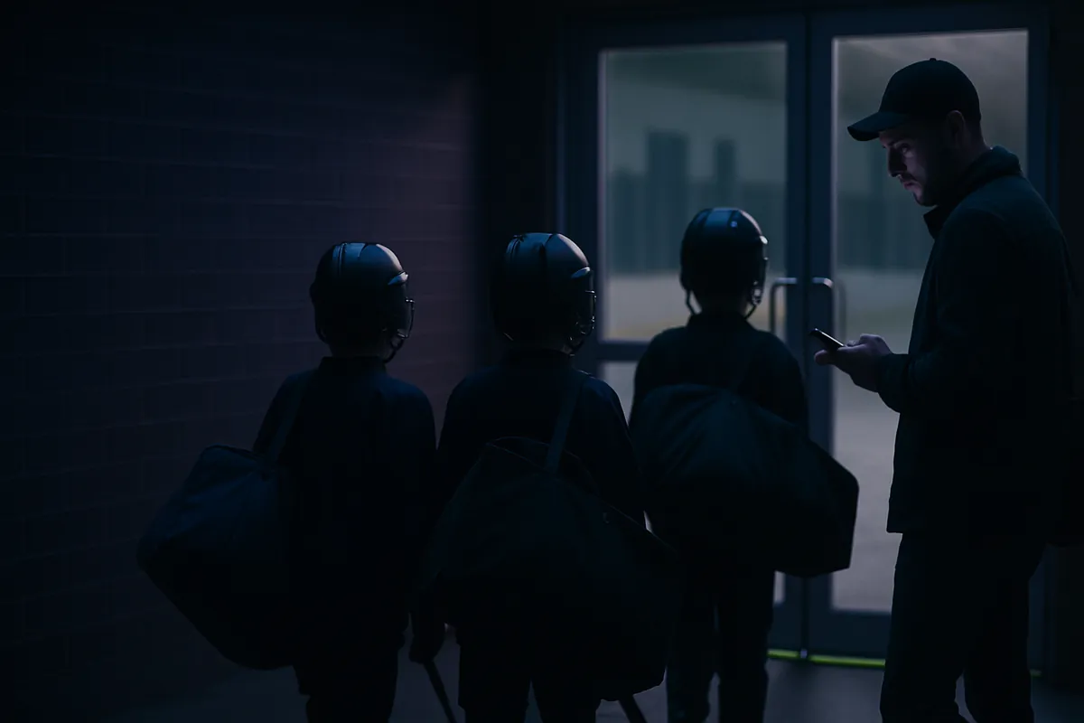 An adult in a cap checks his phone by the glass doors of a sports building while three young players in helmets, seen from behind, wait with their kit bags.