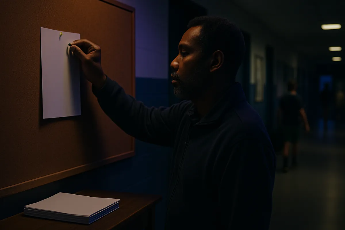 A league organizer pins a blank sheet of paper to a corkboard in a school or rec-centre corridor in the evening.