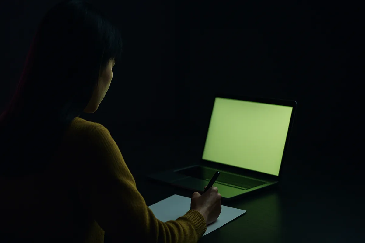 A woman in a mustard sweater, seen from behind, writes notes on paper beside an open laptop in a dark room.