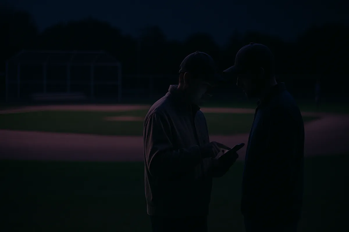 Two adult coaches in caps look at a phone together beside a baseball diamond at dusk.
