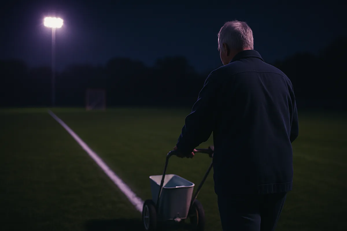 A grey-haired groundskeeper, seen from behind, paints a white line on a floodlit field at night with a line marker.