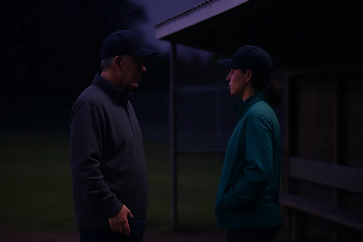 Two adult coaches in plain caps talk beside a baseball dugout at dusk.