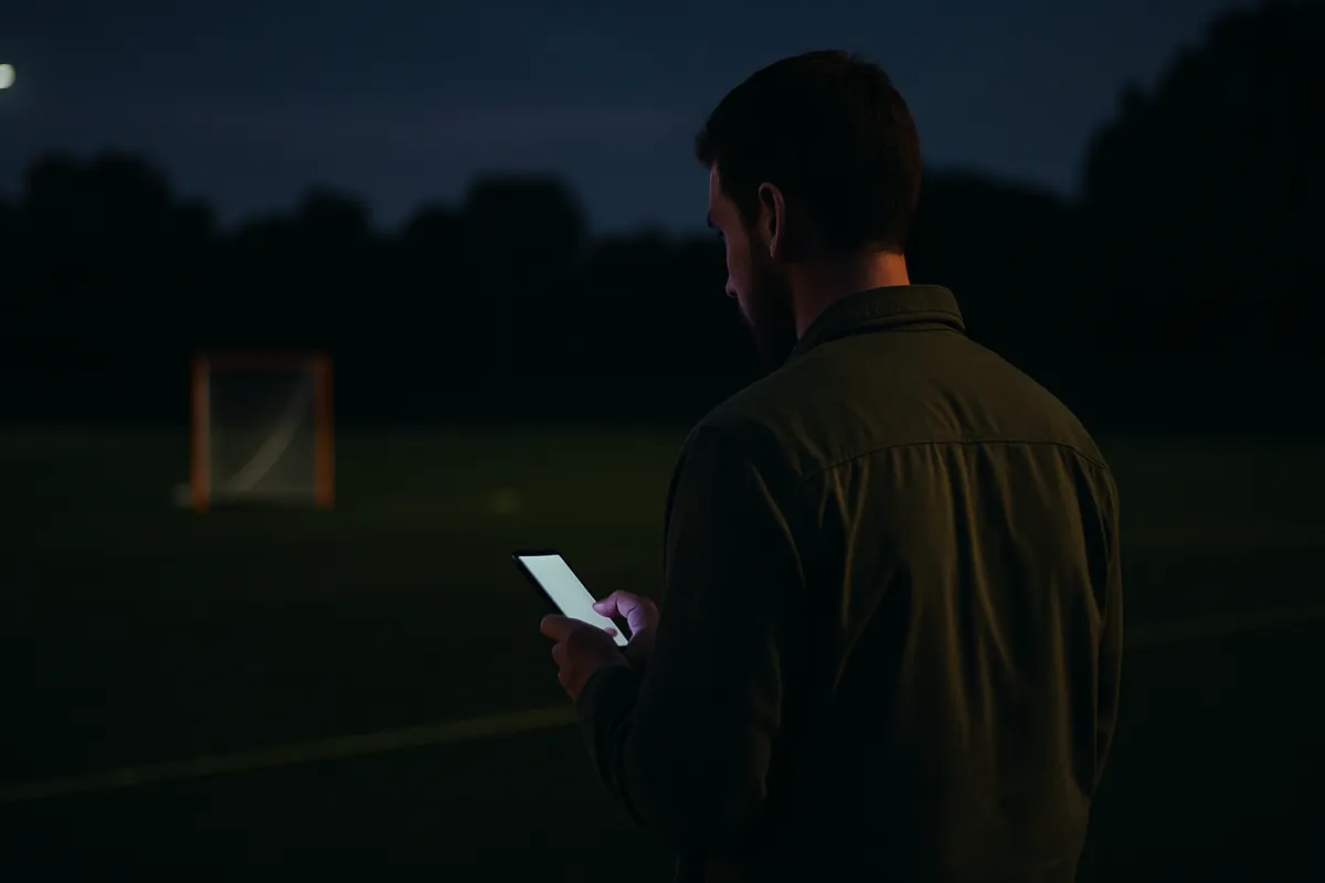 A man seen from behind taps on his phone beside a lacrosse field at dusk.