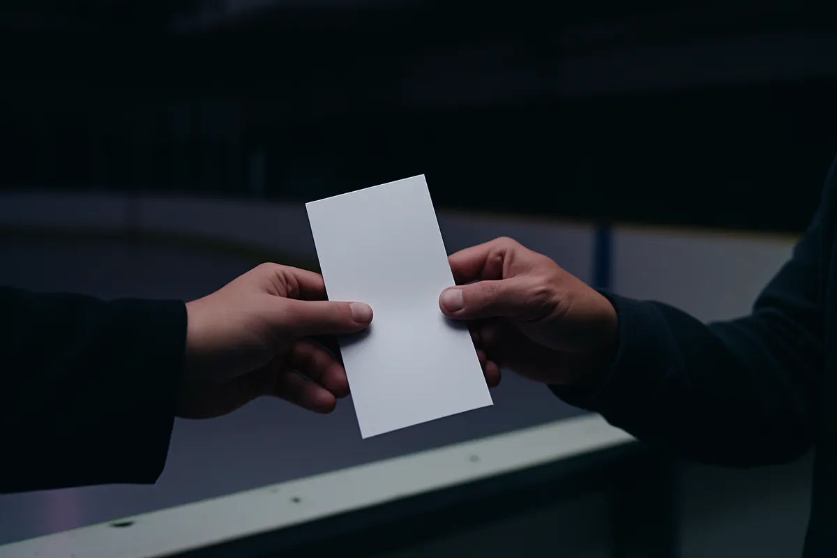Two hands pass a blank white card across the boards of a dim ice rink.