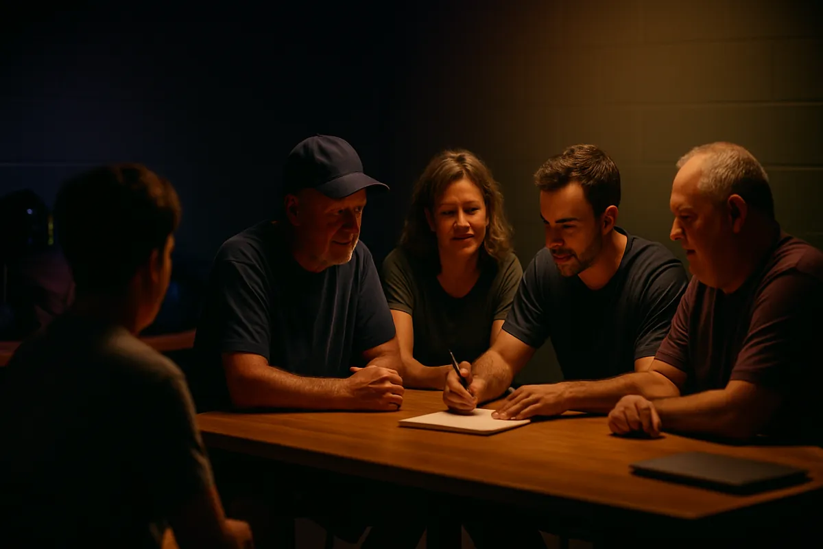Five adults sit around a wooden table in a dim room, one writing on a notepad as a league board talks through a decision.