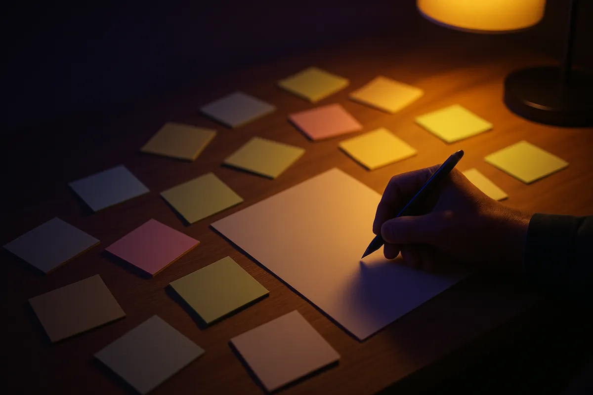A hand writes on a blank sheet of paper under a desk lamp, surrounded by rows of coloured sticky notes.