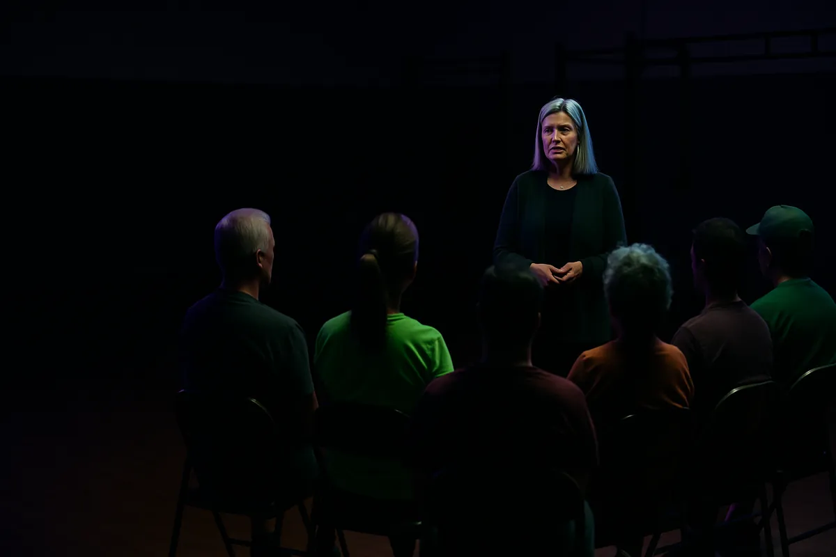 A grey-haired woman speaks to a small seated group of adults in a dim gym.
